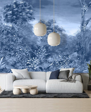 Sala de estar com decoração moderna e papel de parede Acapu azul ao fundo.