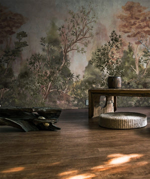 Ambiente com banco e bancada rústicas em chão de madeira com painel Natural ao fundo