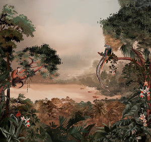 Paisagem com vista para rio com um macaco e um faisão no primeiro plano.